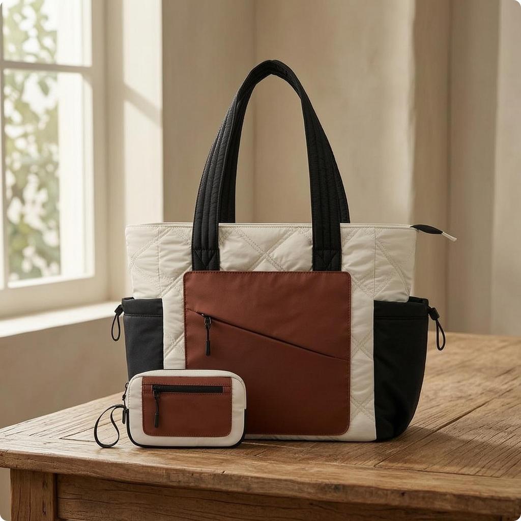 Quilted Tote with Pouch MultiCompartment Bag Spacious for Commuters, Students,