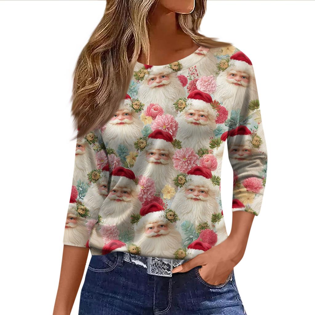 Women's Fashion Casual Three-quarter Sleeve Christmas Printed  Neck Top