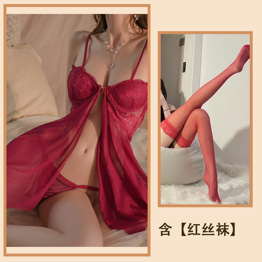 Sexy with Steel Tray Lace Seduction Pajamas Sexy Gathering Front Split Pajamas Women Hot Uniform Women