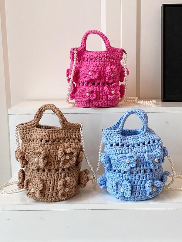 Handwoven Knit Bucket Bag For Daily Use With Splicing And Hollow Design
