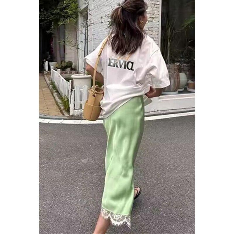 

French Style Fancy Acetate Satin Skirt Women s Mid Length Long Length High Waist A- line Skirt Lace Sheath Fishtail One-Step Skirt Light green overskirt M
