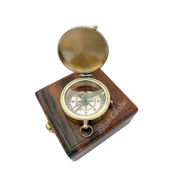 Handmade 2 Inch Brass Push Button Magnetic Compass Direction Finder Navigational Collectible Pocket Compass with Wooden Box