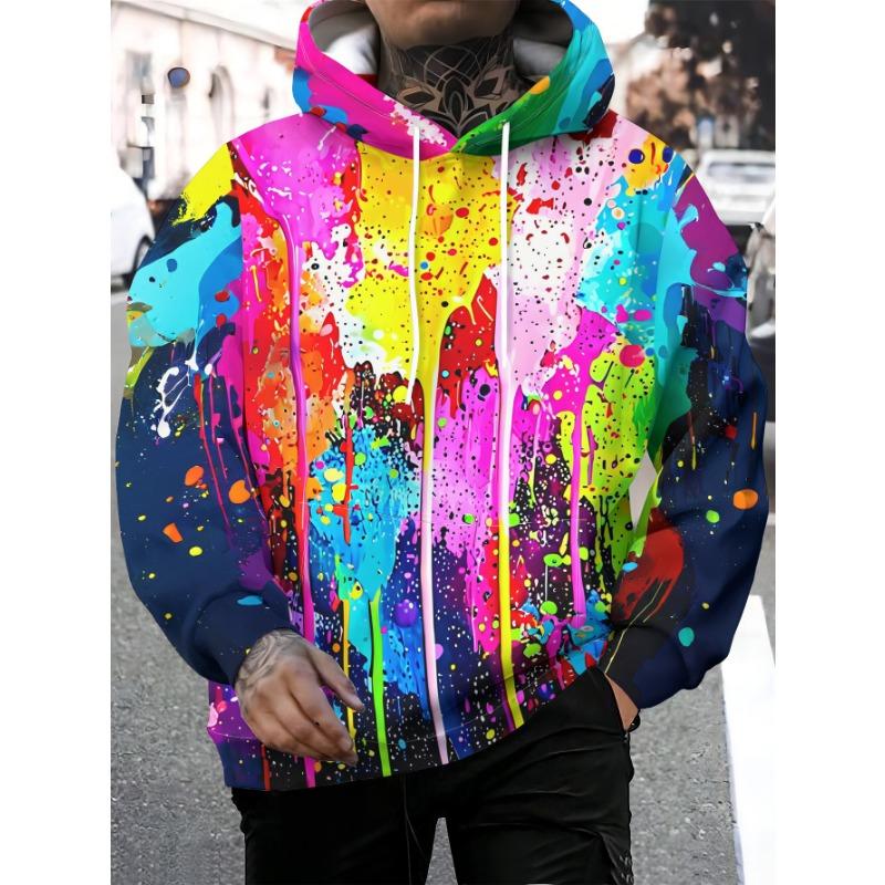 Autumn Winter Graffiti Paint Splash Hoodie Men Hip Hop Streetwear Colorful Full Print Front Back Pullover Hooded Sweatshirt