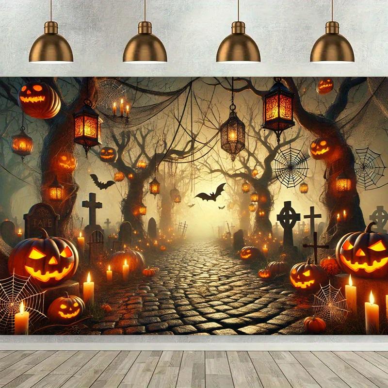 Halloween Lantern Path Background Fabric Wall Decoration, Polyester Fiber Wall Covering, for Living Room, Bedroom and Office