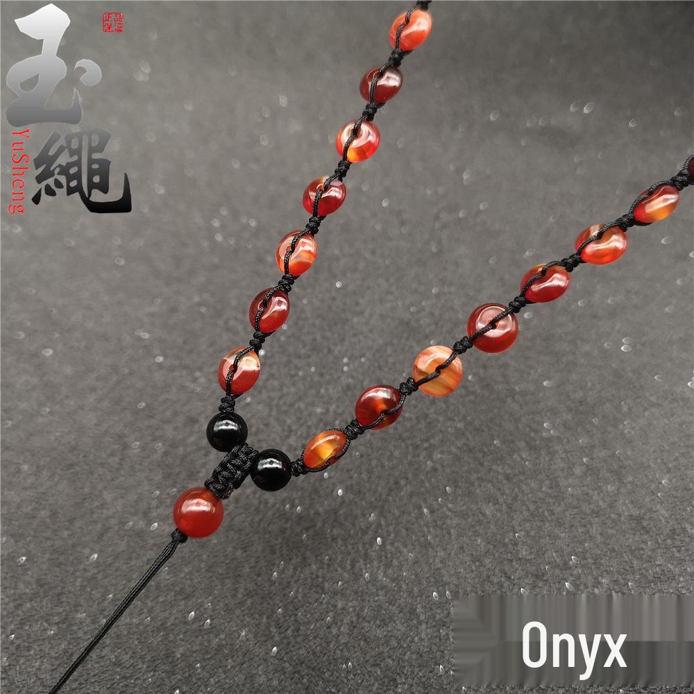 Natural Jade and Red Agate Bead Pendant Necklace Rope