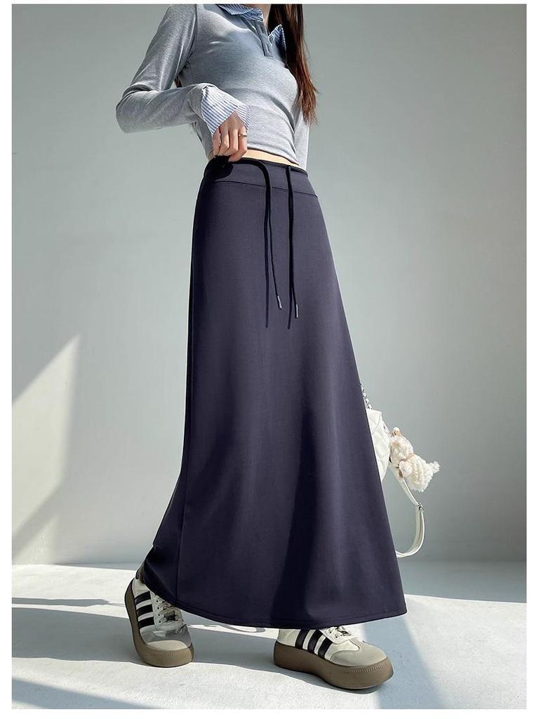 Women's Grey High-Waisted Drawstring Sports Skirt: 2025 Autumn/Winter Casual Loose Straight-Leg Half-Length.