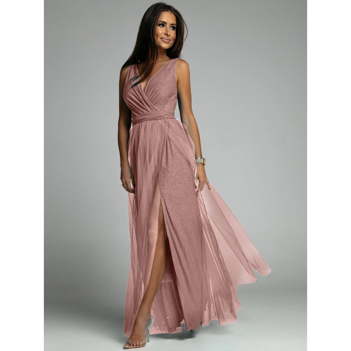 

Shiny V-Neck Waist-Cinched Slimming Slit Maxi Dress, Sexy Evening Party Gown for Women European American Crossbody Style S шампанского