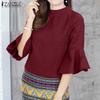 ZANZEA Women Casual Round Neck Loose Ruffles 3/4 Sleeve Plain Blouse