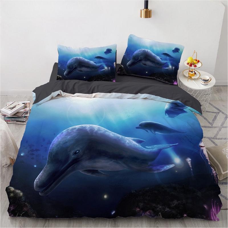 Dolphin Ocean King Queen Duvet Cover Cute 3D Sea Animal Bedding Set for Kids Teens Adults Shoal of Fish Blue 2/3pcs Quilt Cover
