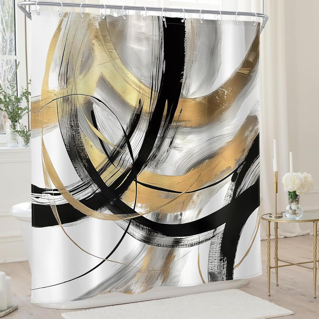 Schwarzer Abstraktes Duschvorhang Modern Graffiti Minimalistische Linienkunst Einfache Geometrische Skizze Ästhetisch Cool Einzigartig für Mann Badezimmer