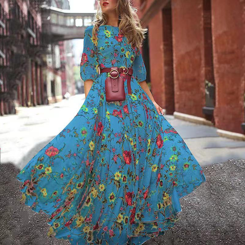 Retro Floral Long Dress with Round Neck and Large Swing - 2024 European & American Style