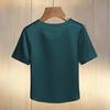Damen T-Shirt Rundhals Satin Stoff T-Shirt mit Handgenähten Imitationsperlen Kurze Ärmel Lockerer Schnitt Lässige Oberteile