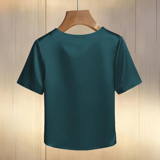 Damen T-Shirt Rundhals Satin Stoff T-Shirt mit Handgenähten Imitationsperlen Kurze Ärmel Lockerer Schnitt Lässige Oberteile