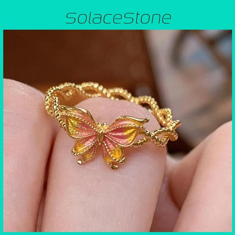 Elegant French Butterfly Design Gold Gradient Adjustable Ring For Women With Enamel Finish