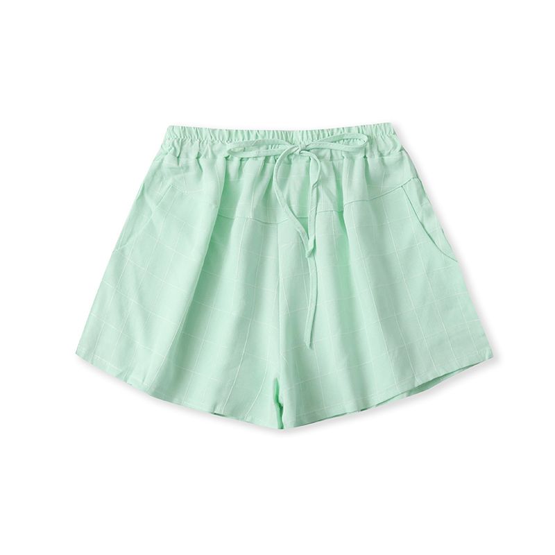 

Elastic High Waist Drawstring Thin Plaid Versatile Shorts Green lattice L