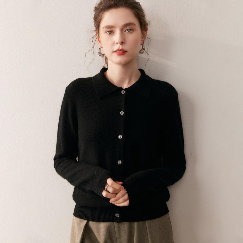 2025 Autumn/Winter Women's Cashmere Polo Collar Long Sleeve Loose Knit Cardigan Sweater