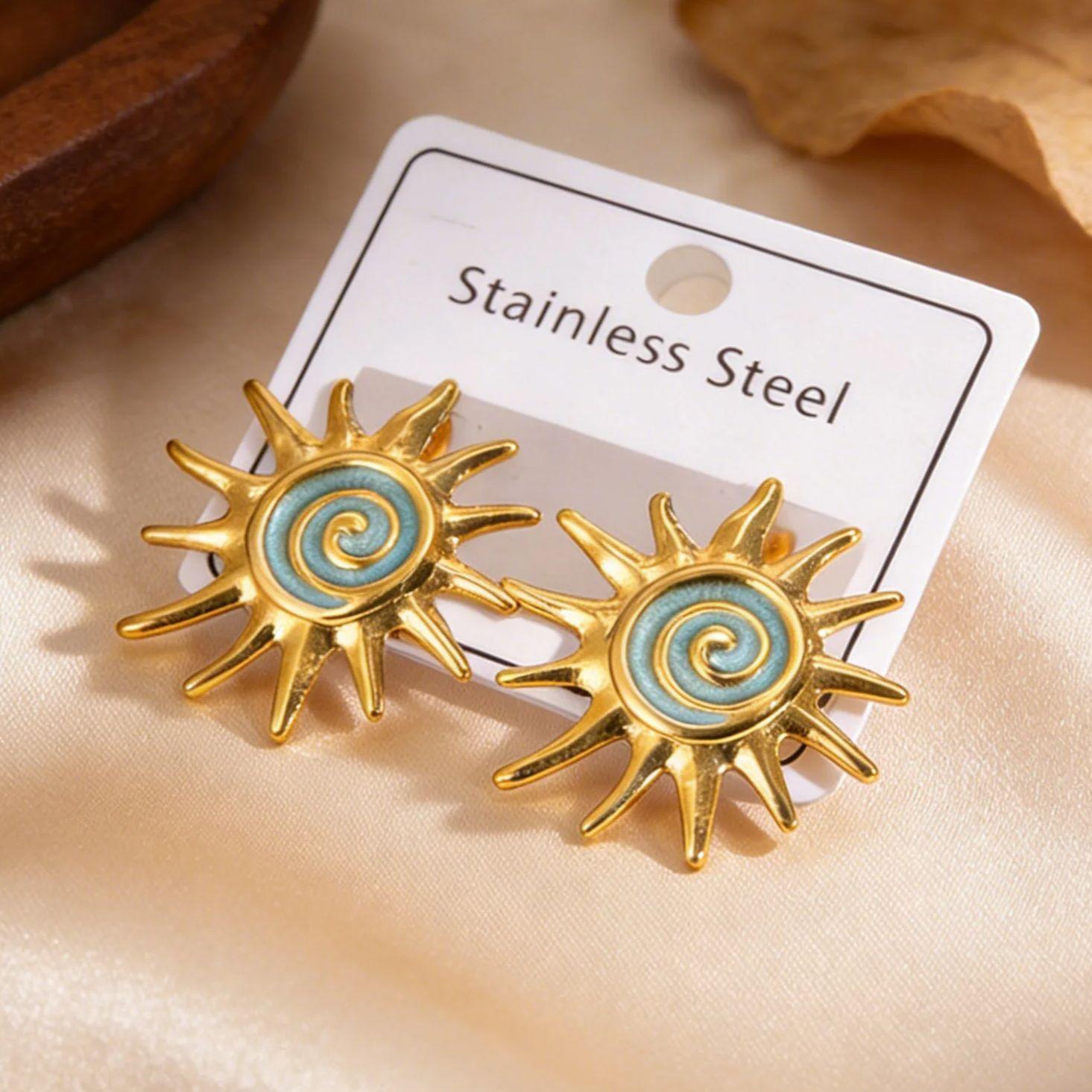 

Creative Elegant Enamel Spiral Sun Earrings for Women, Stainless Steel Sunflower Stud Earrings, Fashion Aesthetic Boho Jewelry