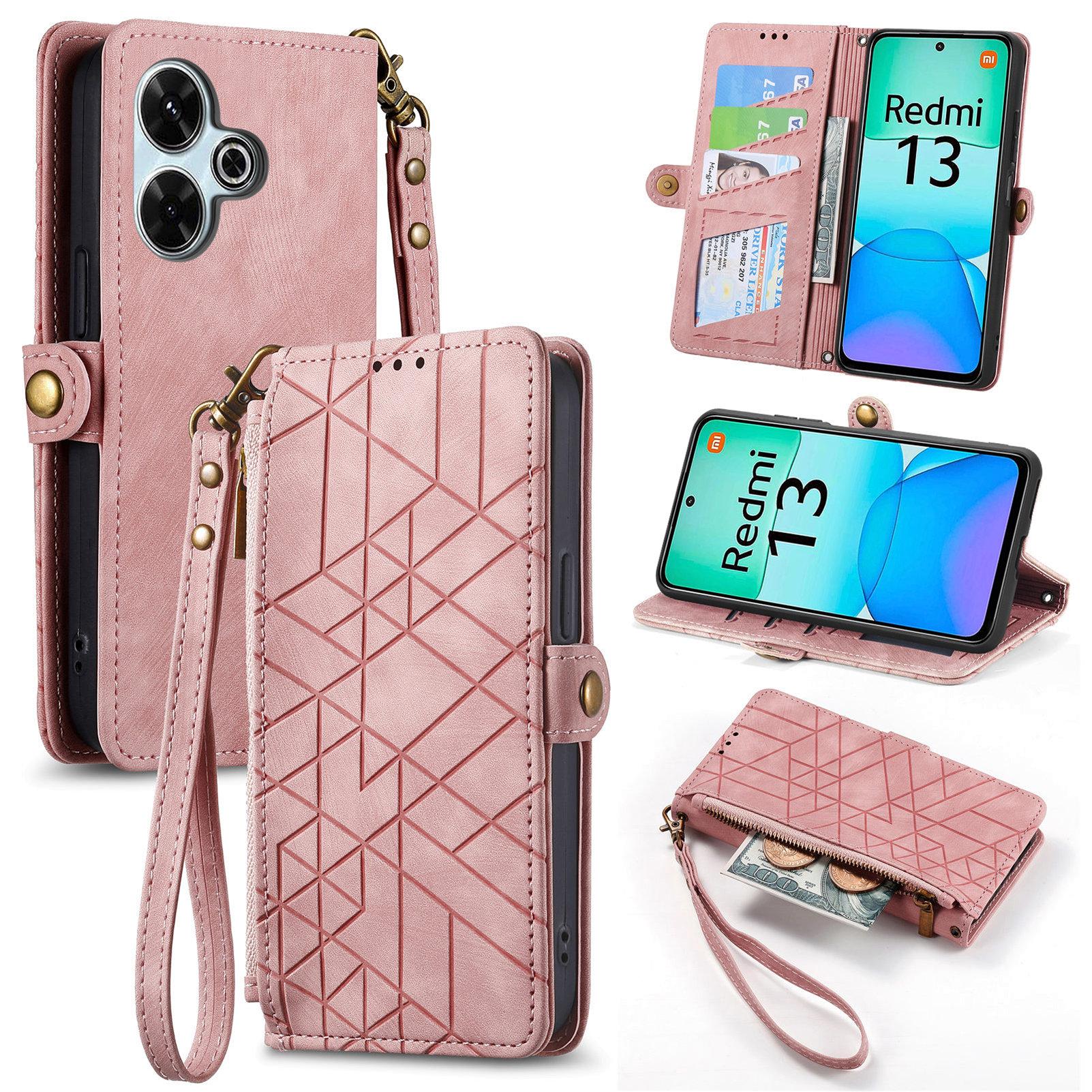 

For Xiaomi Redmi 13 5G/4G Zipper Wallet Case Geometry Lines Leather Phone Cover with Strap Pink