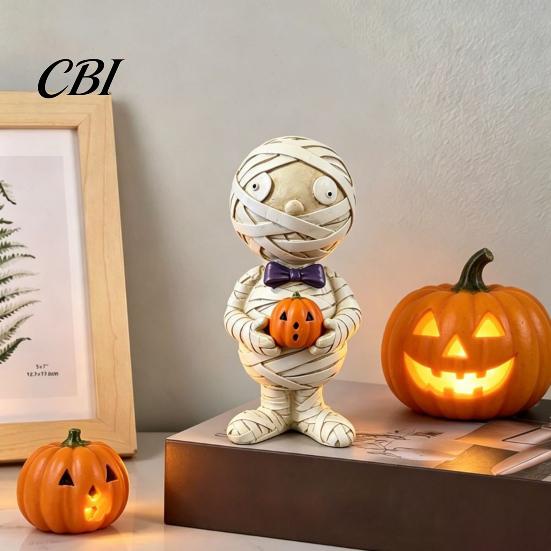 Resin Figurine Mummy Holding Pumpkin Halloween Decoration, Spooky Collectible Desktop for Indoor Shelf, Tiered Tray Decor