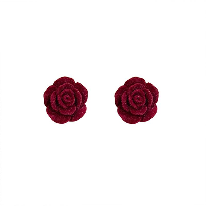 2023 Retro Red Flock Rose Stud Earrings – Elegant Autumn/Winter Flower Accessories for Women