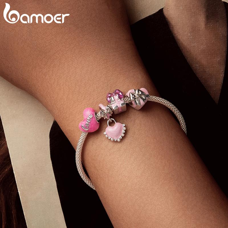 AMOER Solid 925 Srebro Sterling Różowe Serce Charm Koralik pasuje Oryginalna Bransoletka i Naszyjniki Biżuteria Bamoer Infinity Love Charm