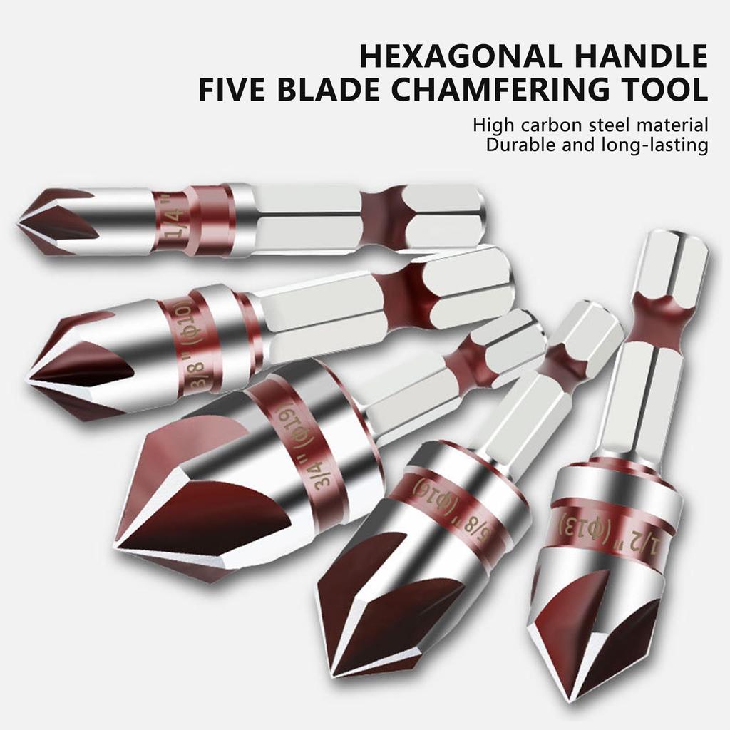 5Pcs 82 Degree Countersink Drill Bit Set Hex Shank 5 Flute for Metal Wood Hex Shank Countersink Bits