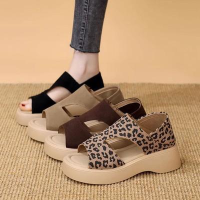 Two Wearing Sandals Women's New Summer Medium Heel Thick Sole Leopard Print Non-slip Soft Sole Bag and Roman Shoes with Skirt
