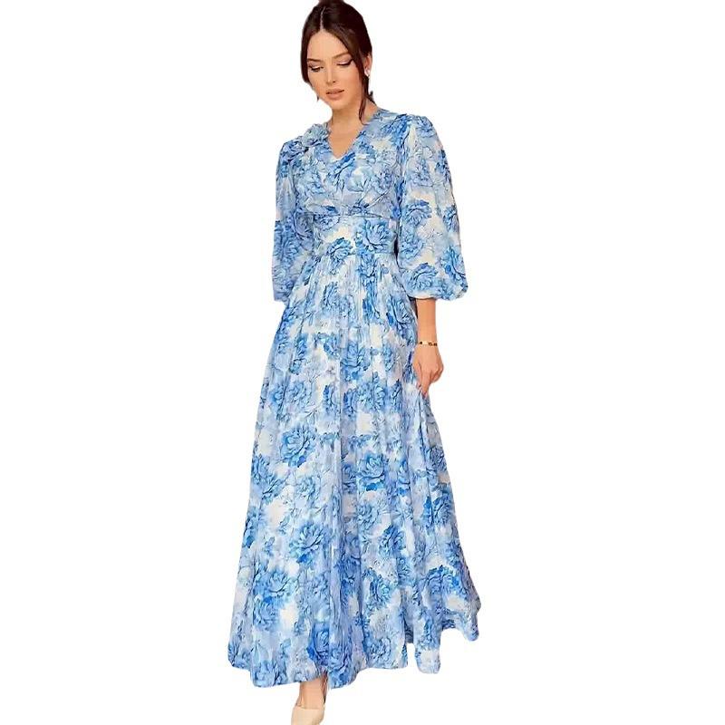 2024 Summer Women's V-Neck Lantern Sleeve High Waist Print Long Dress