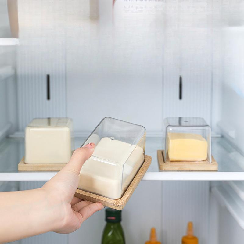 Cutie pentru unt cu capac transparent Cutie rectangulară din bambus pentru depozitarea și conservarea untuluiCutie din bambus pentru deserturi, prăjituri și brânzeturi
