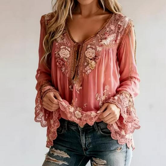 2026 Elegant European & American V-neck Floral Asymmetrical Hem Top Medium розовый