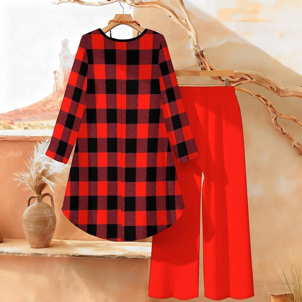 Geometric Pattern Print Two Piece Outfit Women Long Sleeve Irregular Hem Tunic Top Wide Leg Pants Casual Matching Set