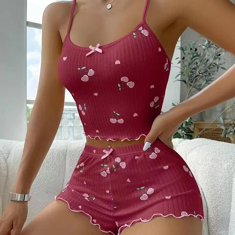 Pijamale de vară pentru femei, set de pijama cu imprimeu inimă, sexy, cu nervuri, decor cu fundă, gât rotund, top scurt cami fără spate și șorturi, îmbrăcăminte de noapte