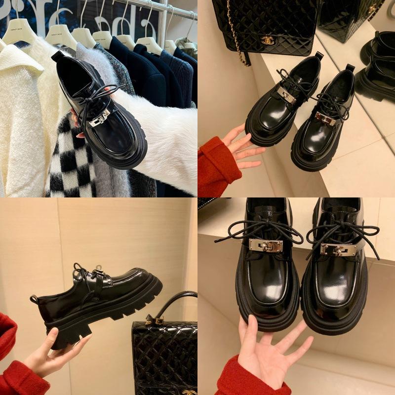 Cowhide Version~ Grape Mother Same New British Small Leather Shoes Women's Lace-up Single Shoes Thick Heel Thick Sole Muffin Loafers