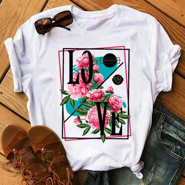 Fashion Women T Shirt Flower Printed T Shirt Casual Black Tops 90s Ladies Girl Tee Shirt Female Harajuku Graphic T -Shirt