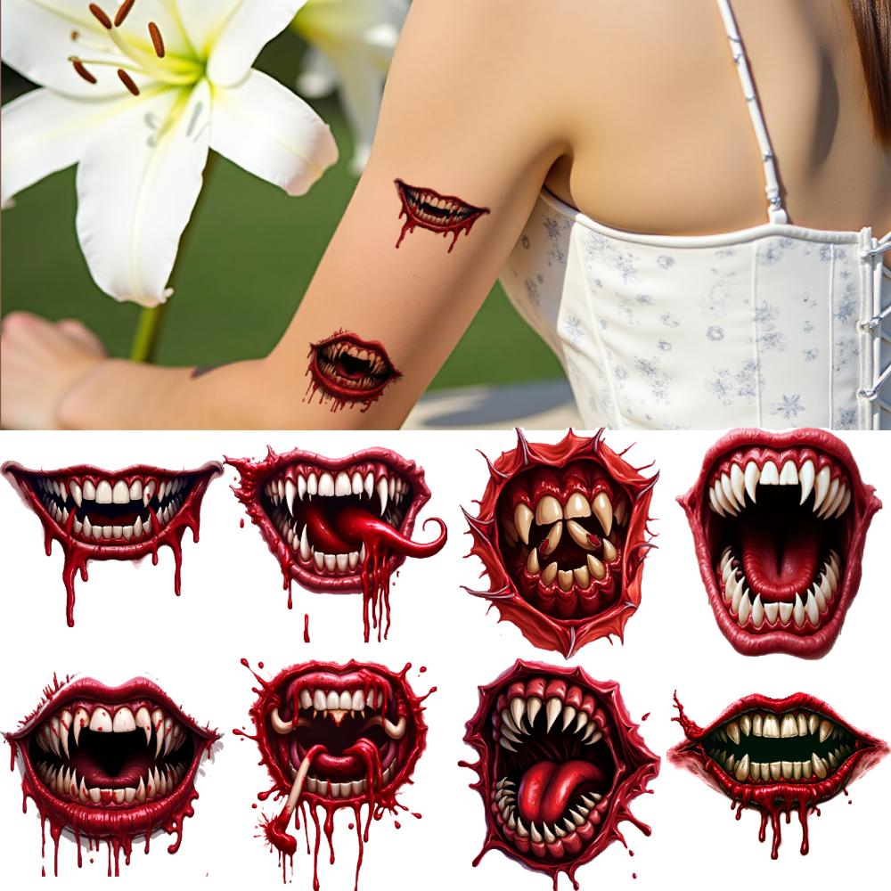 9pcs Temporary Tattoo Teeth Halloween Monster Mouths Eye Temporary Tattoo Stickers Dripping Blood For Girls Shoulders Boys