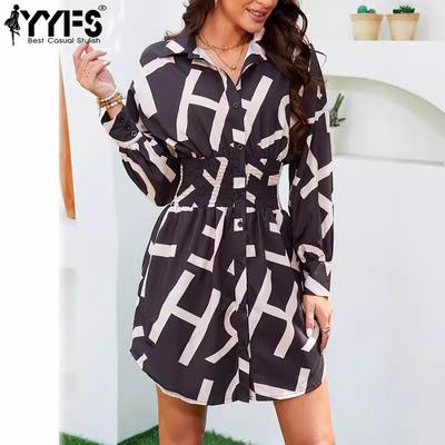 Moda Feminina Primavera Outono Estampa Bloco de Cores Manga Longa Gola POLO Linha da Cintura Média Vestidos Casuais
