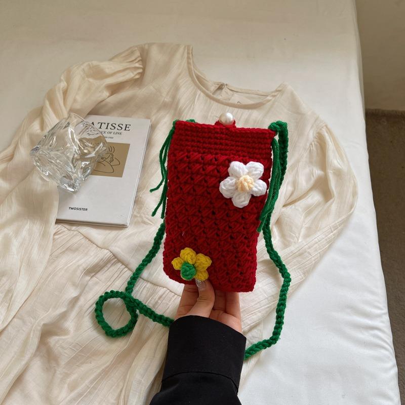 Spring and Summer Flower Mini Mobile Phone Bag Trendy Small Square Bag Wool Woven Knitted Messenger Bag Crochet Key Bag