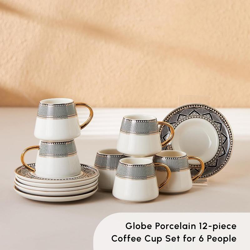 Globe Sada šálků na tureckou kávu 6 kusů, 80 ml, 2,7 oz, Malé šálky na espresso s podšálky, Porcelán, Černé vzory a Zlatá ucha,