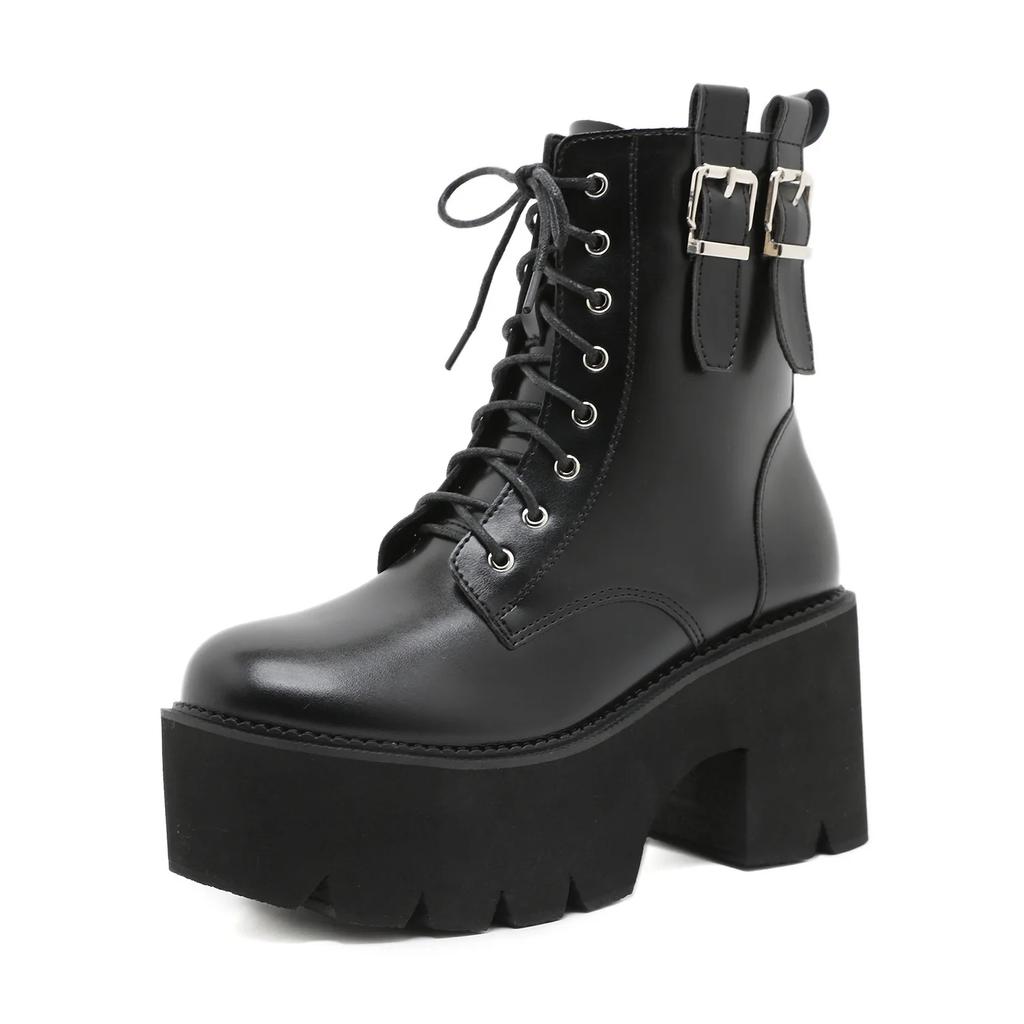 Fashion 2025 Women Ankle Boots Platform Square High Heel Ladies Motorcycle Boots Patent PU Leather Side Zipper Women Lace Up Boot Black