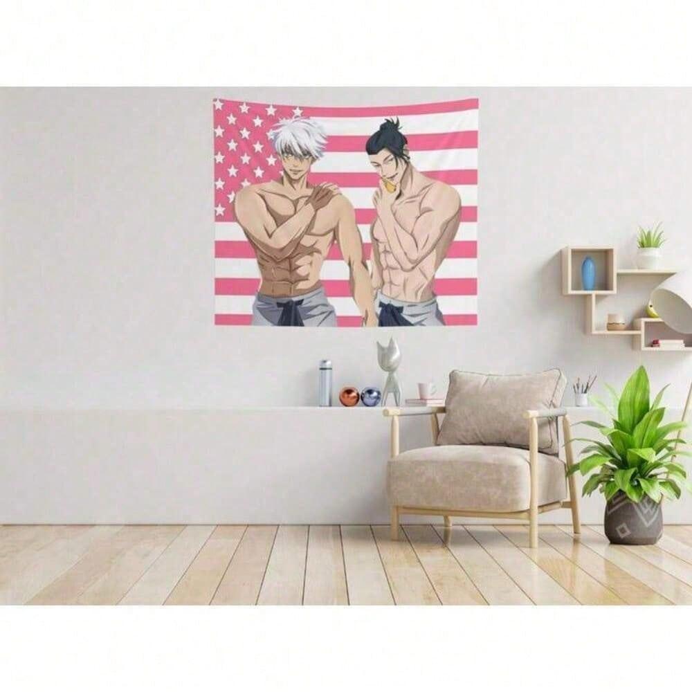 Pink Anime Gojo Geto Tapestry Fun Anime JJk Wall Decor Durable Polyester Wall Hanging Cotton Decorative Light Linen
