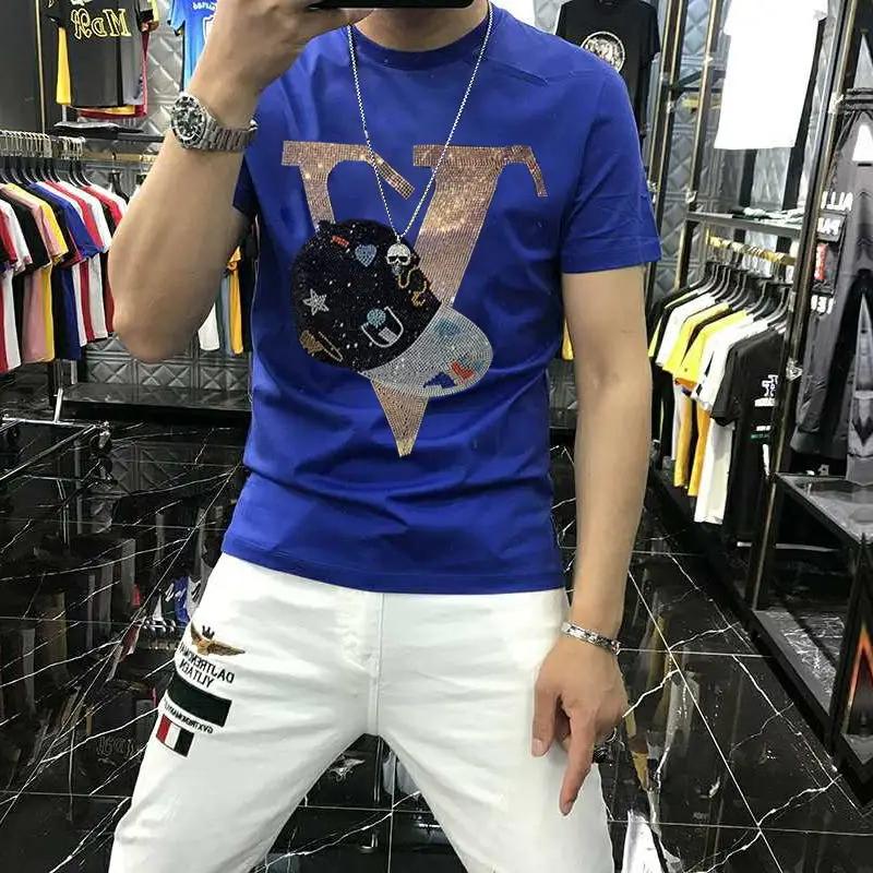 Men's Summer Plus Size Hip-Hop T-Shirt Personality Hair Stylist Street Cartoon Fashion Trend Hot Diamond Short Sleeve