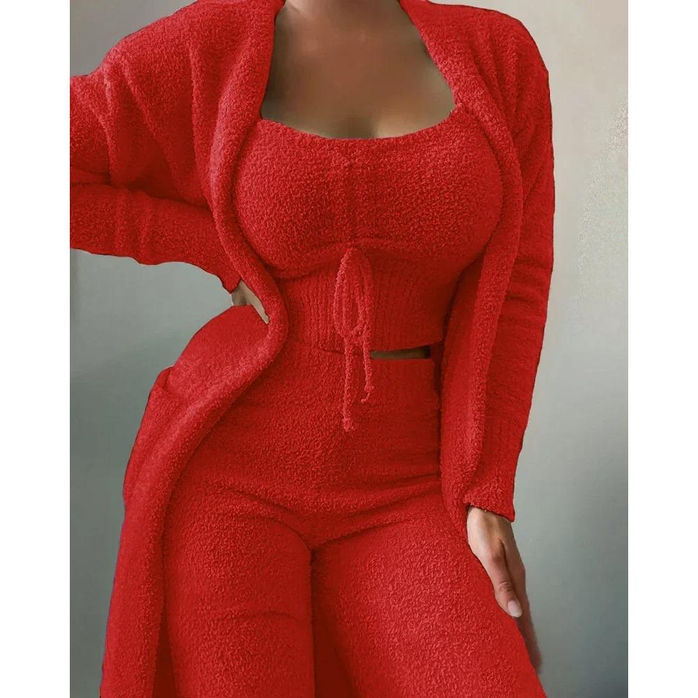 Nová Podzimní Zimní Dámská Sametová Pyžamová Souprava Crop Top+Dlouhé Kalhoty+Župan 3dílný Oblek Teplé Měkké Fleecové Domácí Oblečení Pyžamo S-3XL