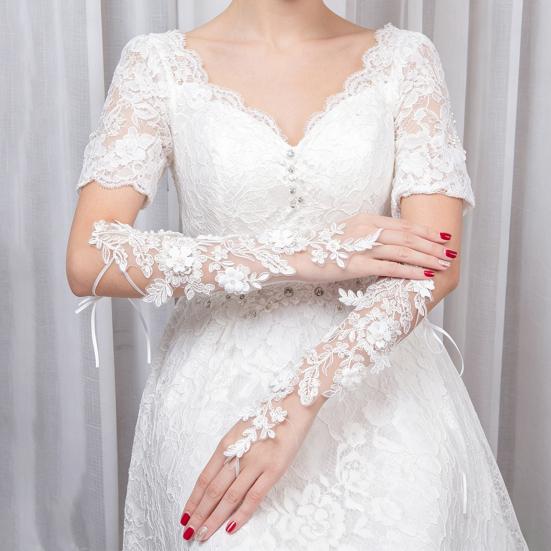 Luvas Longas de Renda Femininas Luvas de Noiva Sem Dedos com Alças para Dedos Pérolas Artificiais Elegantes Acessório de Luvas de Casamento para Chá da Tarde Baile Ópera Noite