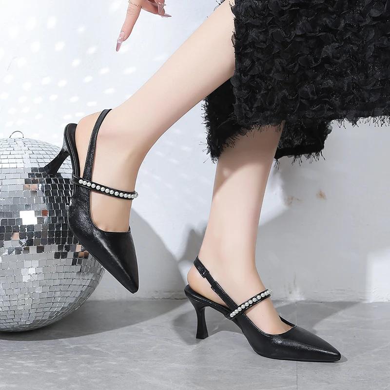 Ladies Shoes 2025 Slip-on Women's High Heels New String Bead Office and Career Sexy Best Seller Solid Closed Toe Sandals