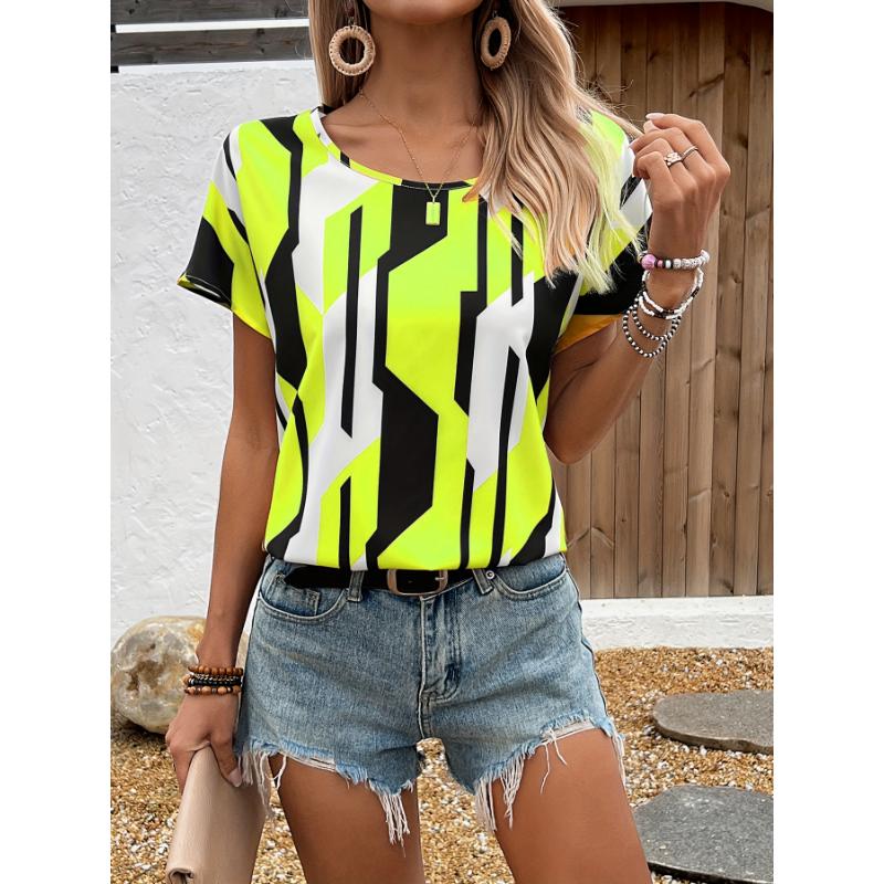 

T-shirt women s summer leisure elegant temperament round neck short sleeve geometric pattern top loose casual wear ladies Tshirt XL