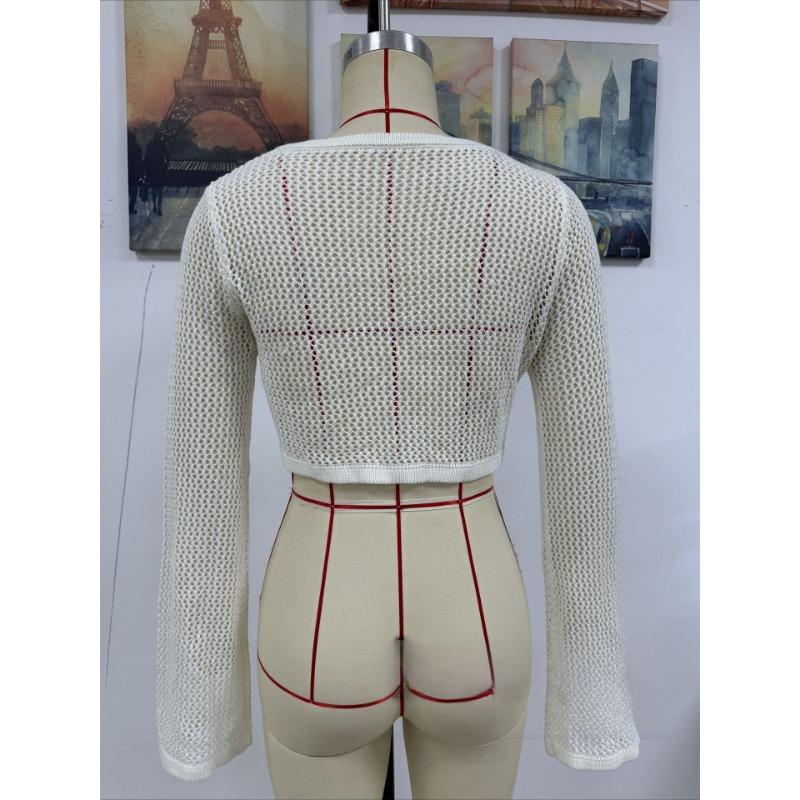 Women's Summer Hollowed Out New Long Sleeve Sleeve Knitted Short Sleeve Solid Color Top
