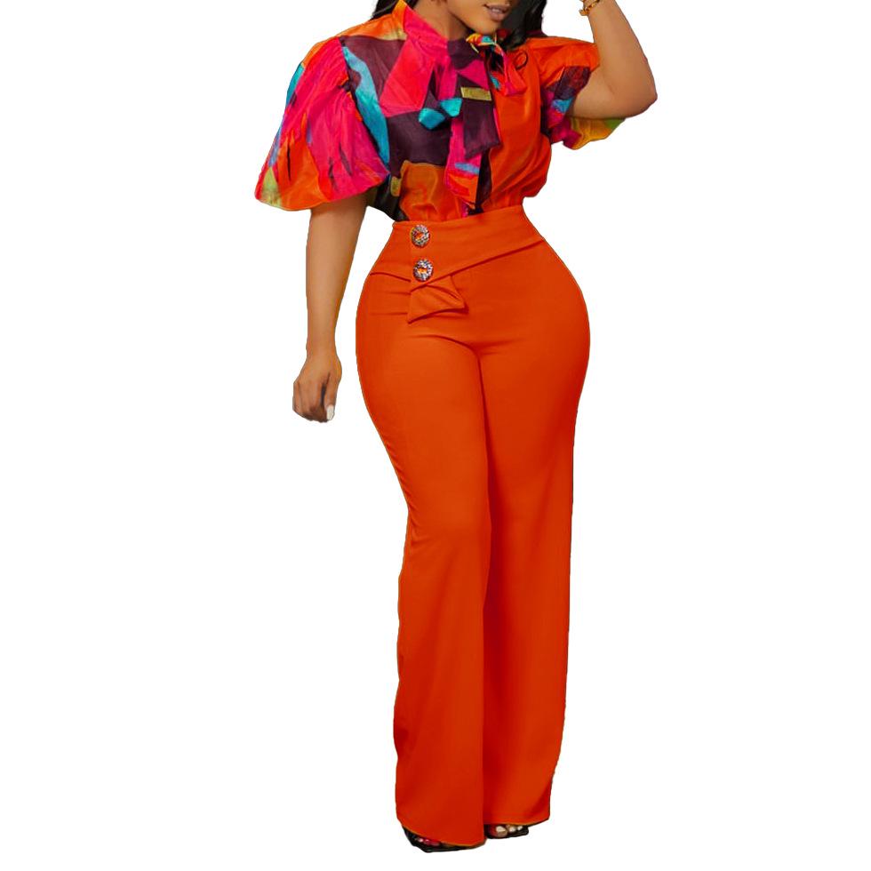 D341 European/American Summer Printed Stand-Up Collar Long Sleeve Shirt & Wide-Leg Pants Two-Piece Fashion Suit