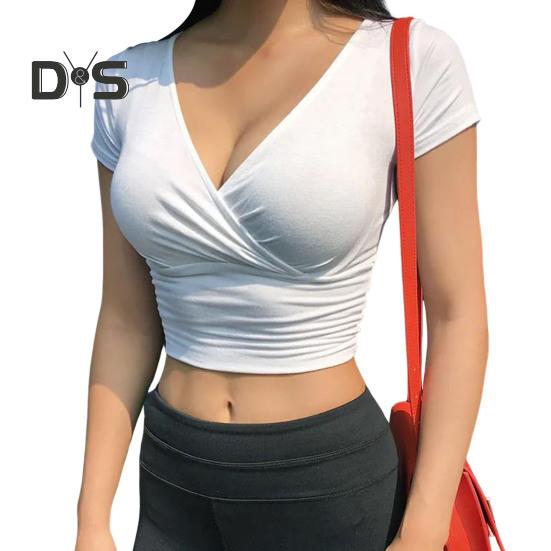 Dámské triko s hlubokým výstřihem do V krátkým rukávem Tričko s odhaleným pupíkem Slim Fit Jednobarevné topy Lehké strečové topy