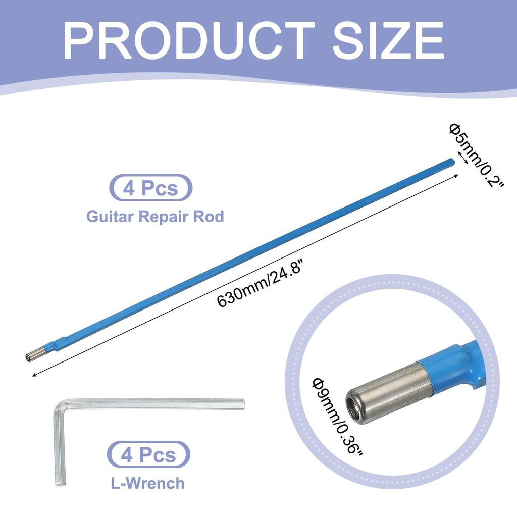 Uxcell Gitarre Zweiwege-Halsstab, 630mm Low-Profile-Gitarrenstab mit 4mm L-Schlüssel, Luthier-Werkzeug zur Halsreparatur und -einstellung, Blau, 4 Stück