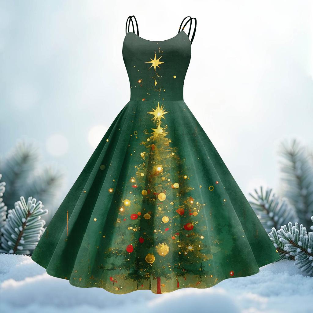 Women's Christmas Print Casual Fashion Round Neck Mid-Length Dress